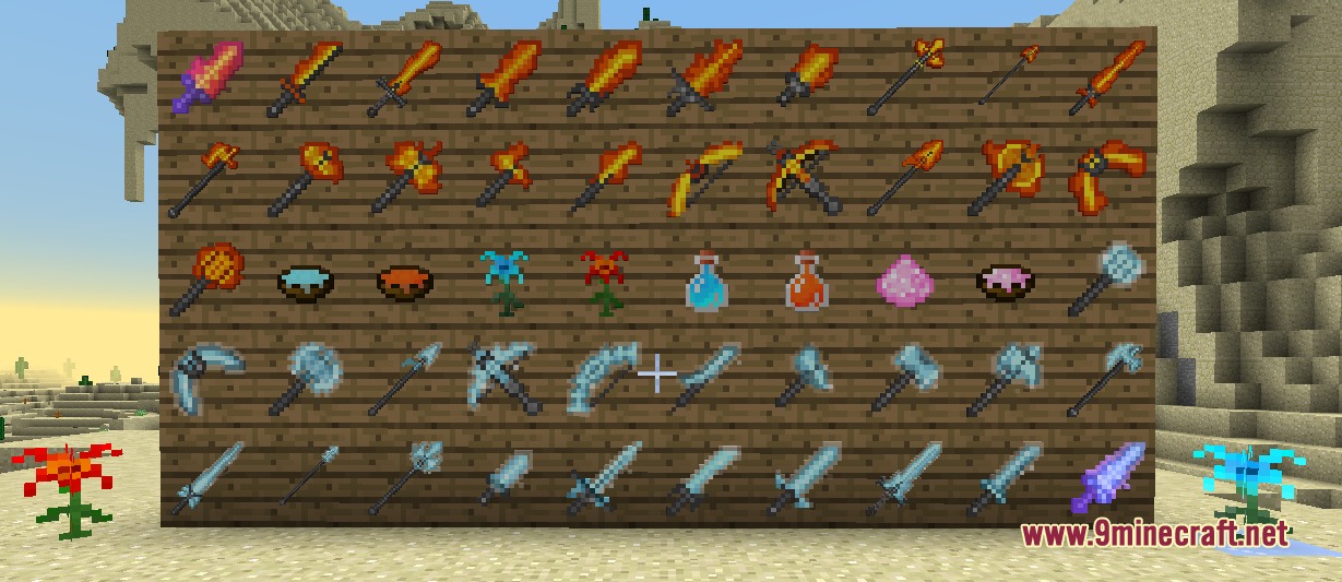 Showcase of animated fire and ice weapons on a wooden wall
