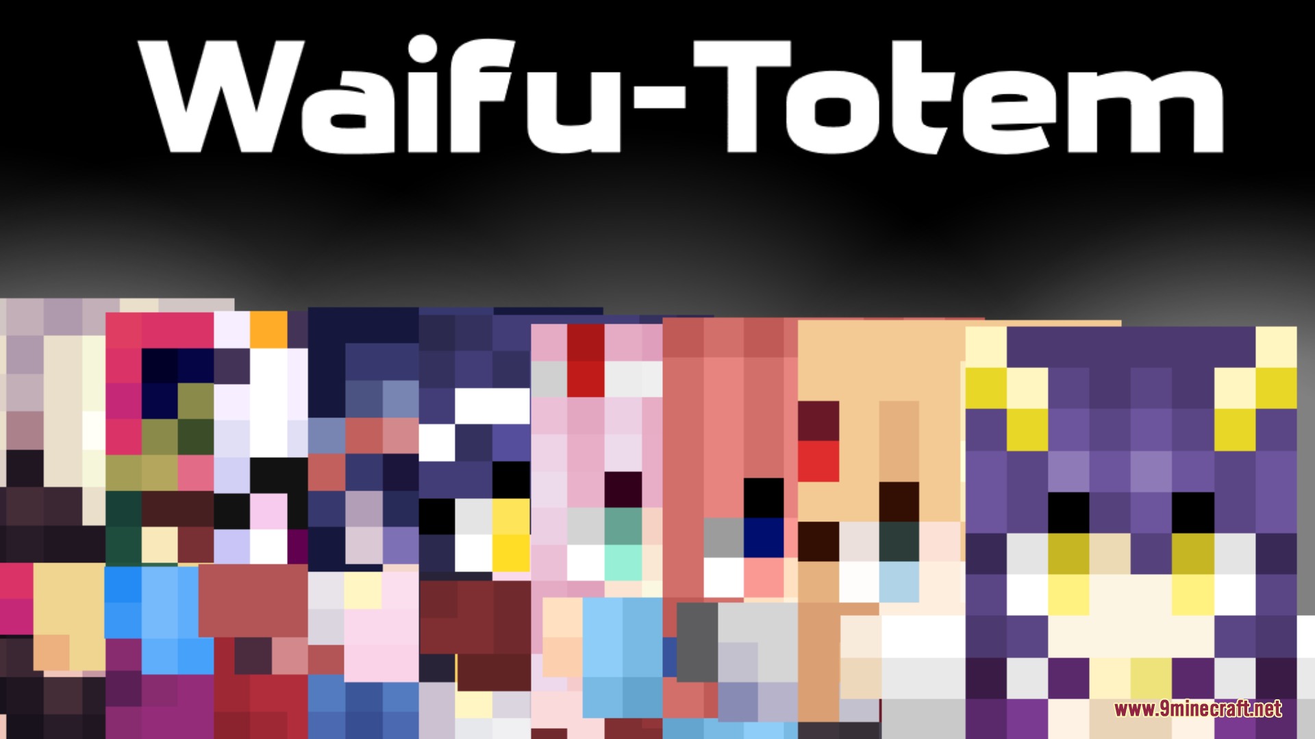 Anime Waifu Totem Resource Pack Screenshot 1 A banner for Waifu Totem showing several pixelated anime character faces in Minecraft