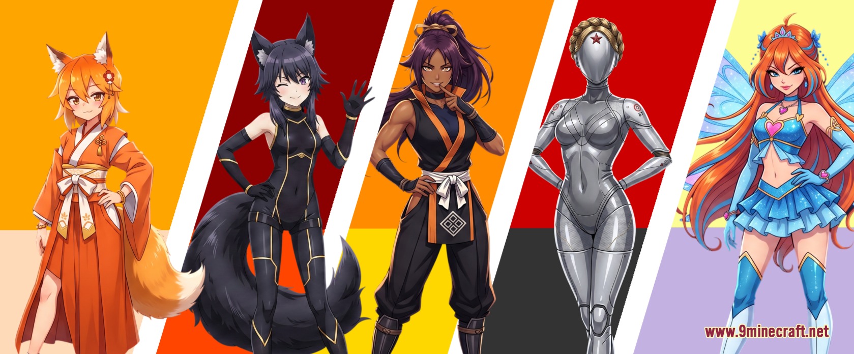 Anime Waifu Totem Resource Pack Screenshot 2 Five unique anime girls standing in a row against a colorful striped background
