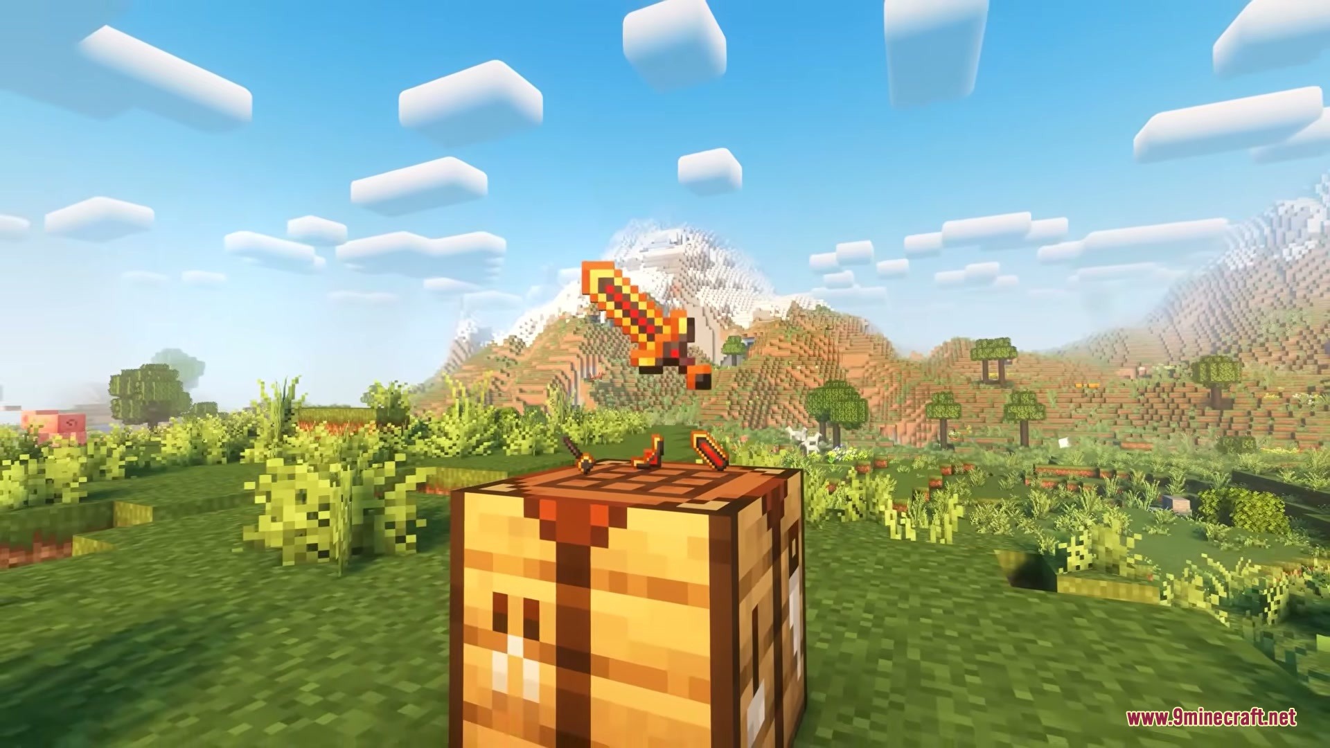 A powerful orange sword floats above a crafting table in a sunny landscape