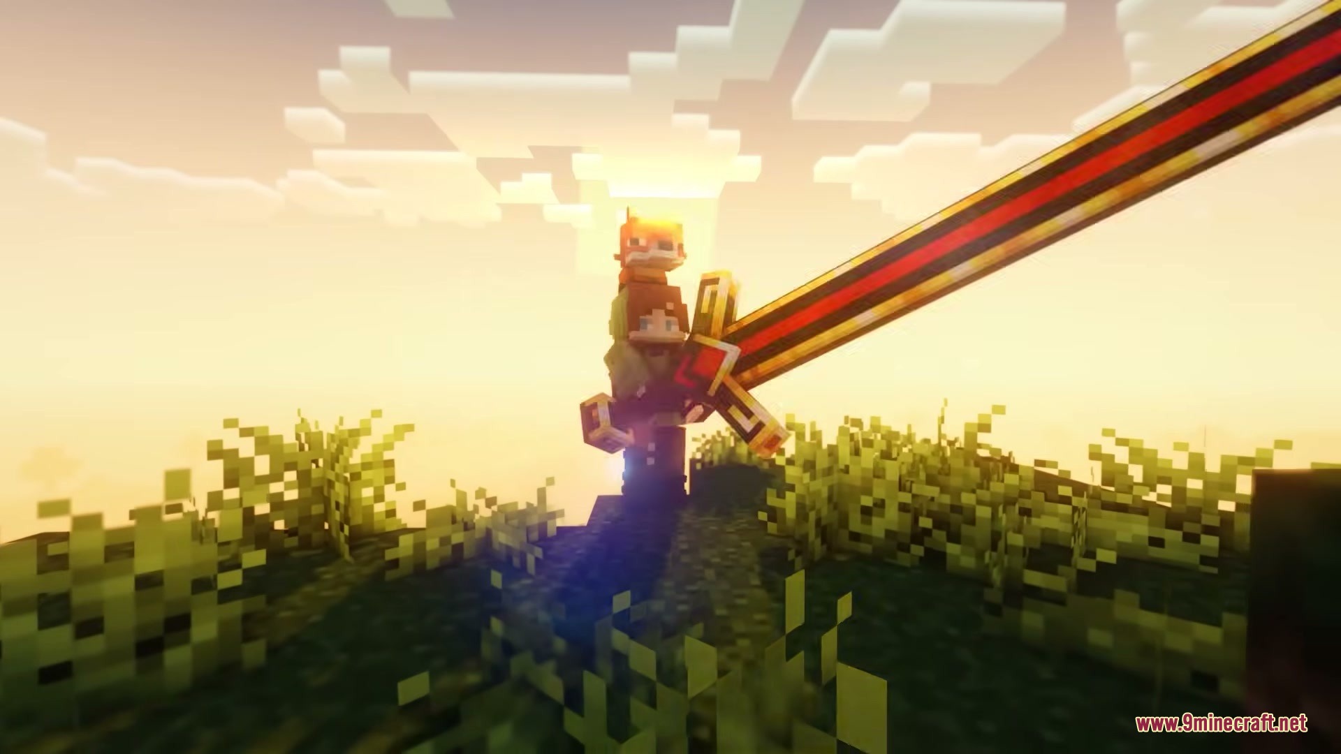 A Minecraft player holding the massive Big Bertha sword during a beautiful sunset