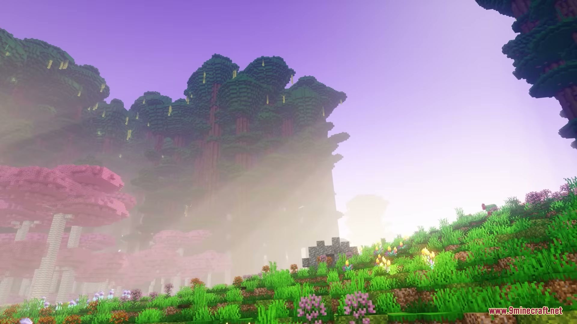 Sunbeams shine through giant trees in a vibrant purple Minecraft dimension