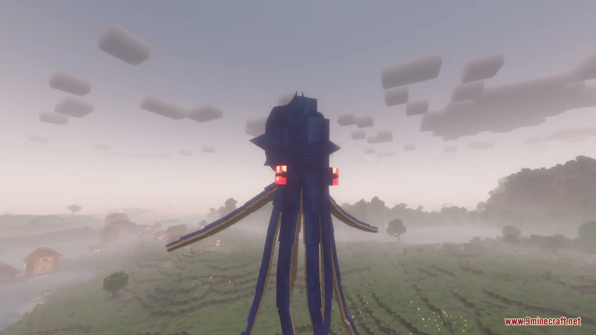 A massive flying Kraken boss with glowing red eyes hovering over the landscape