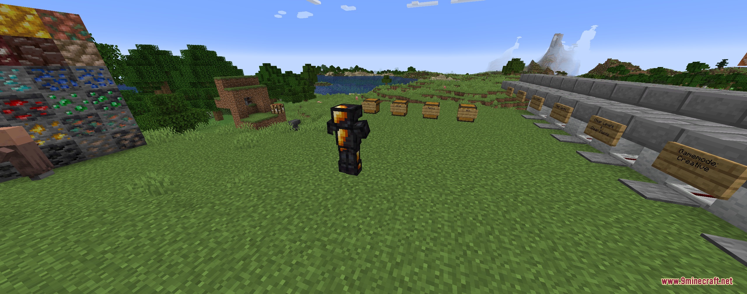 Anthracite Arsenal Mod Screenshot 2 Minecraft character in glowing coal armor stands near a wall of ore blocks