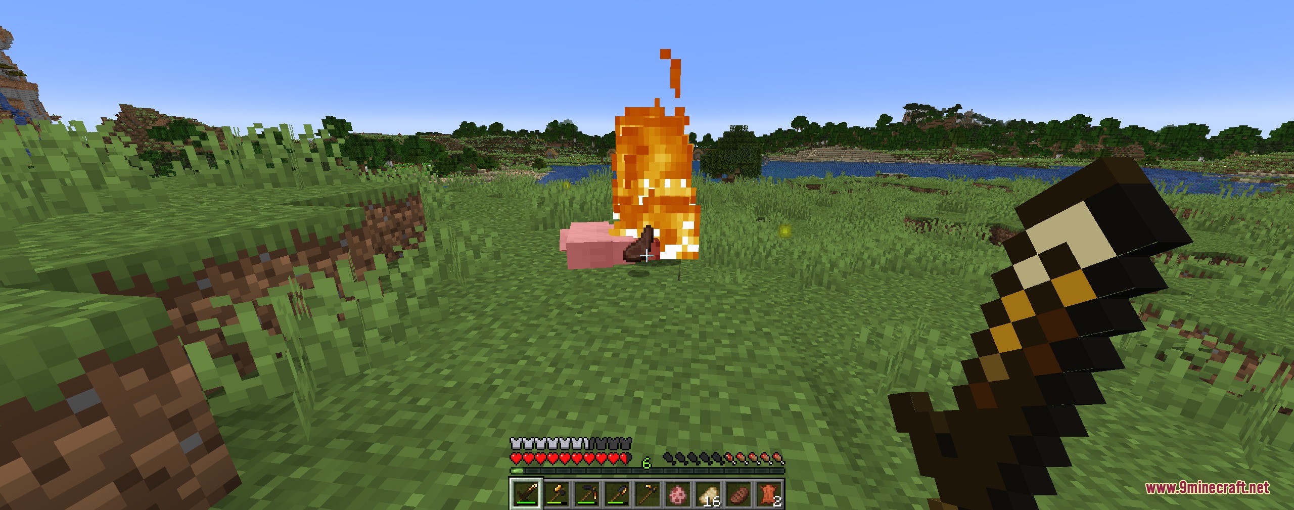 Anthracite Arsenal Mod Screenshot 3 A player uses a coal sword to set a pig on fire outdoors