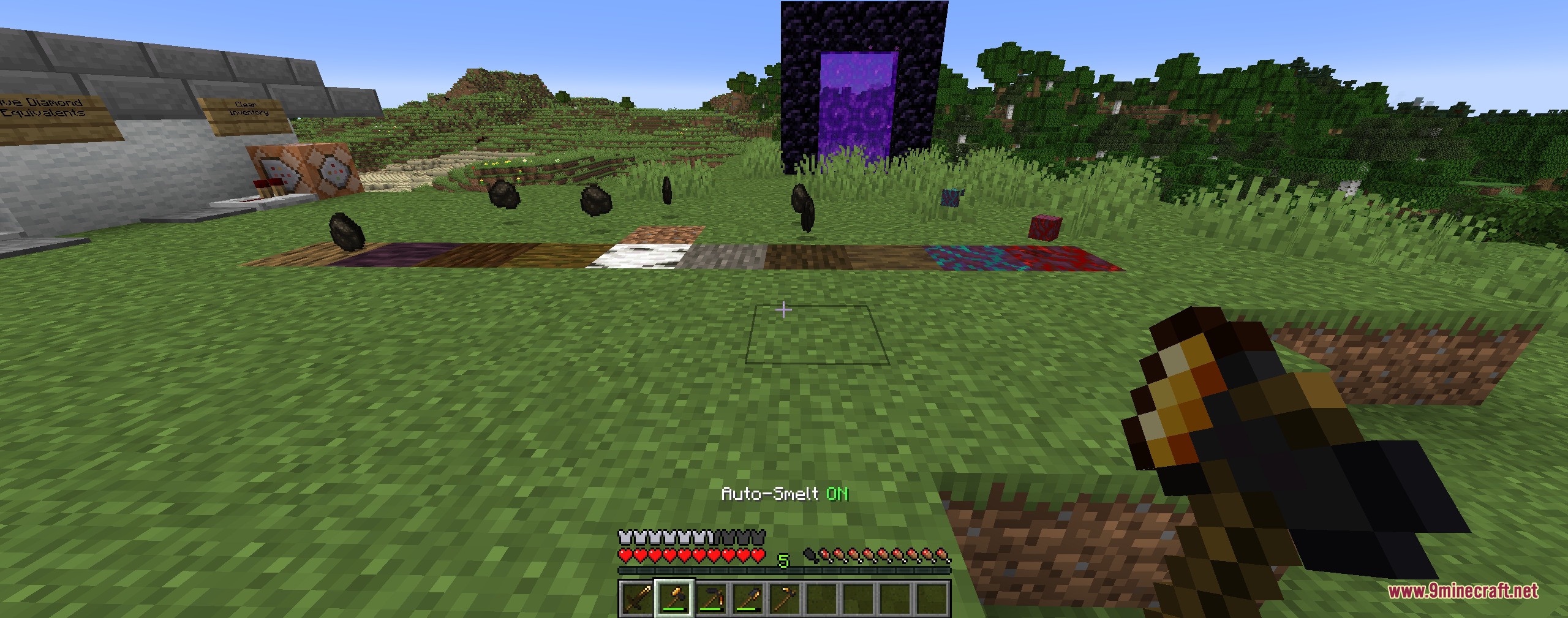 Anthracite Arsenal Mod Screenshot 5 Player holding a coal axe that turns various wood logs into charcoal