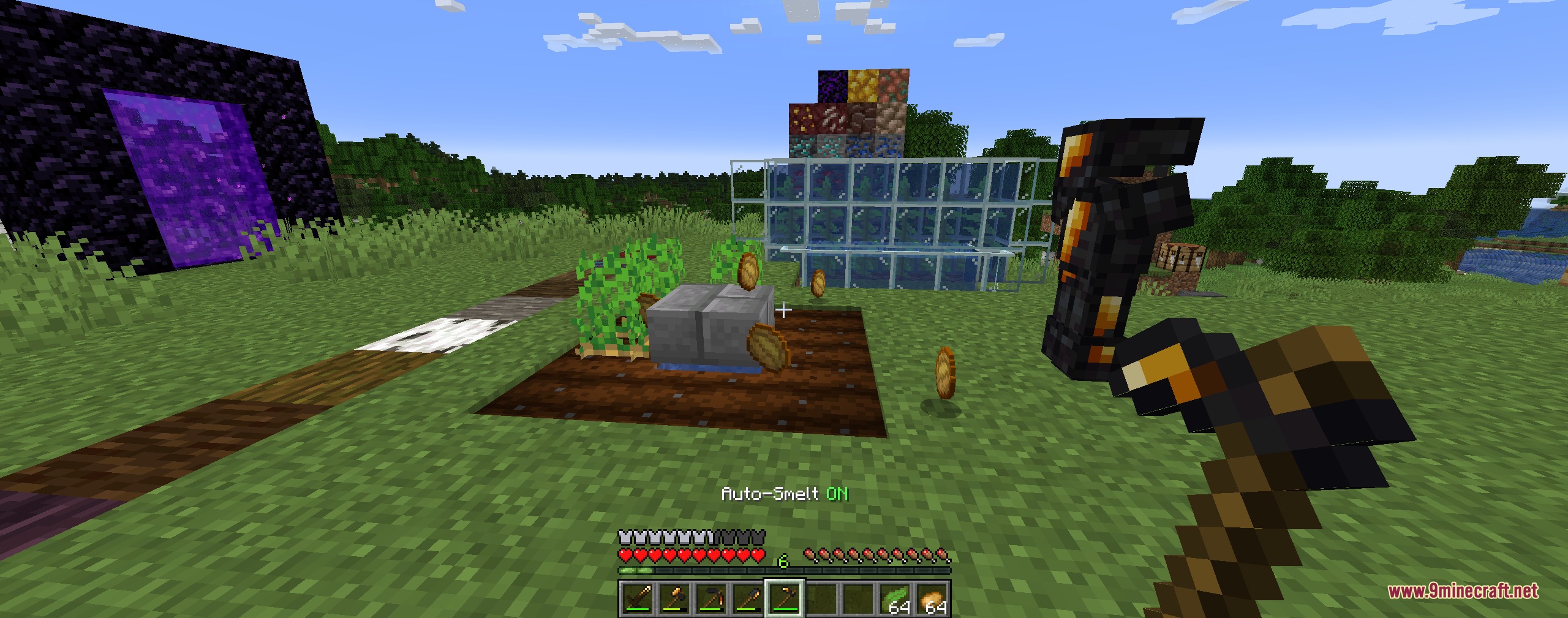 Anthracite Arsenal Mod Screenshot 7 Player harvesting crops with a coal hoe while auto smelt is active