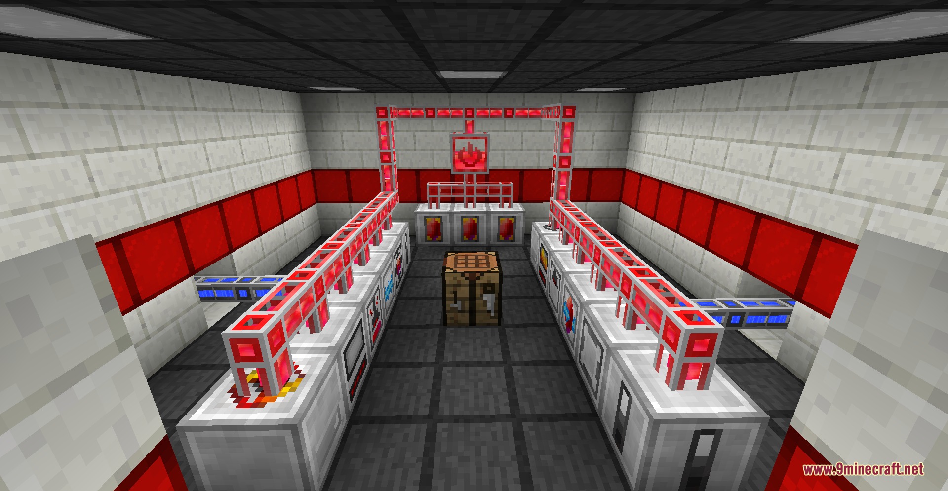 Industrial machines and red power conduits surrounding a central crafting table
