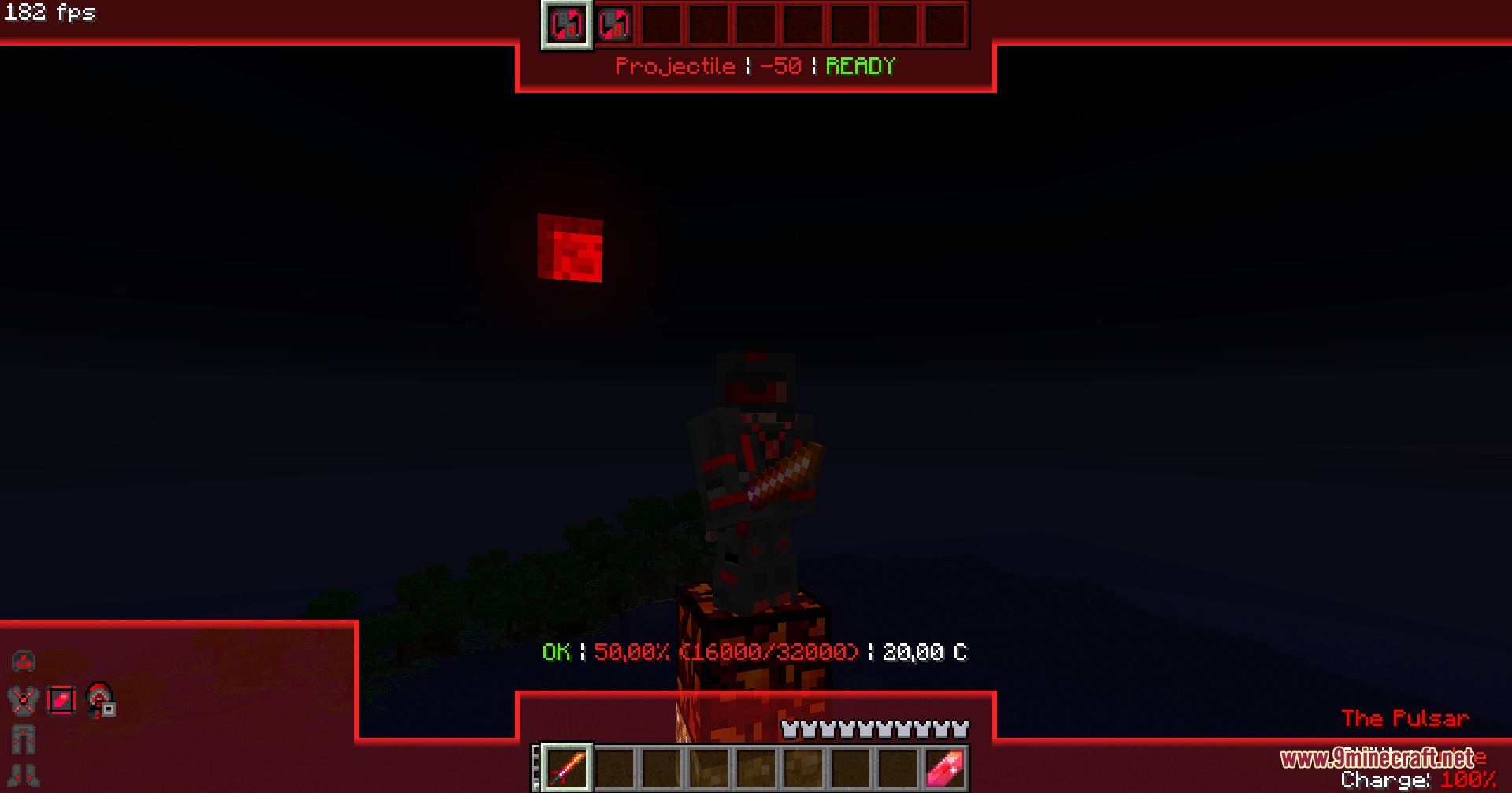 Player wearing a red power suit from Antique Volt Systems under red sky