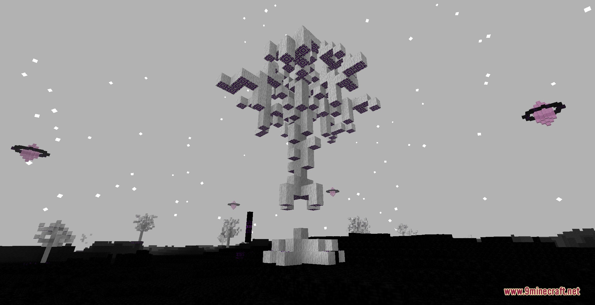 Floating white tree structure in a desolate dimension between worlds with purple orbs