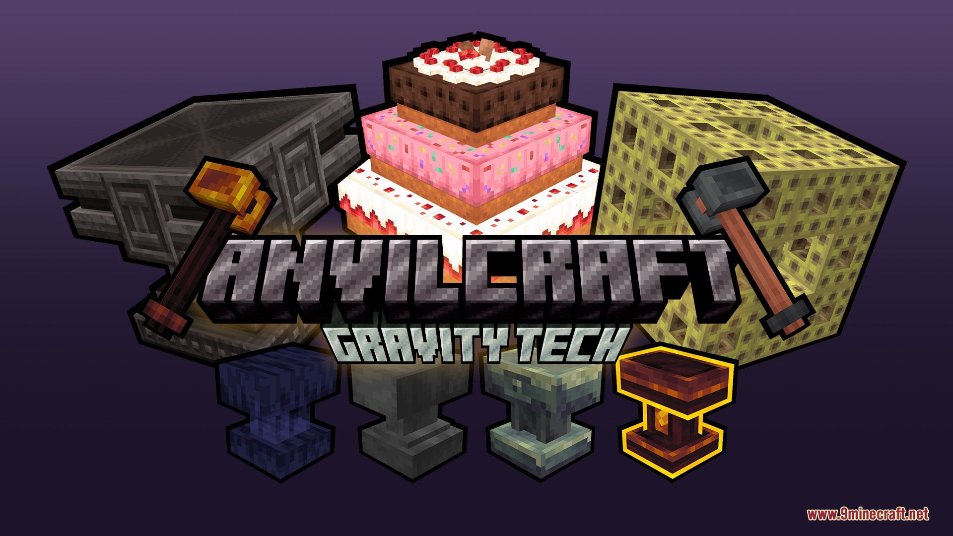 Promotional banner for AnvilCraft Gravity Tech showing various anvils and hammers