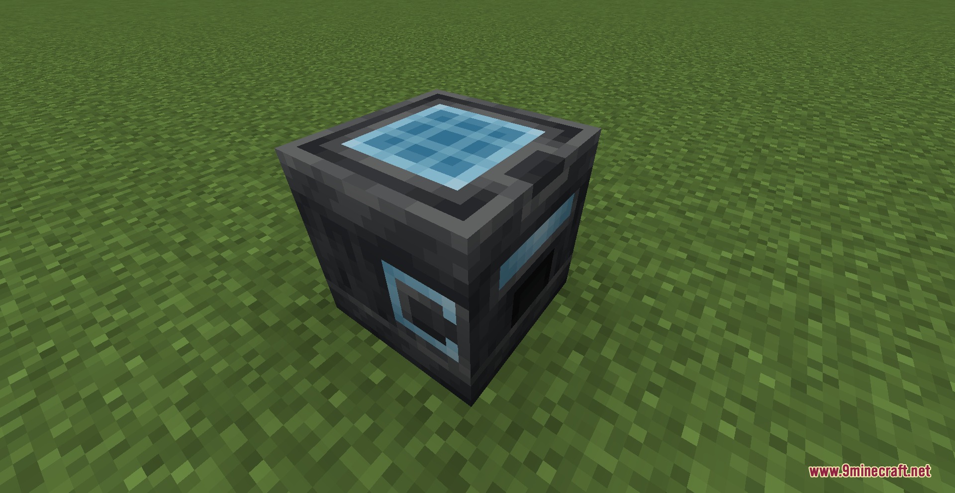 A dark metallic magnet block with a blue glowing interface on top