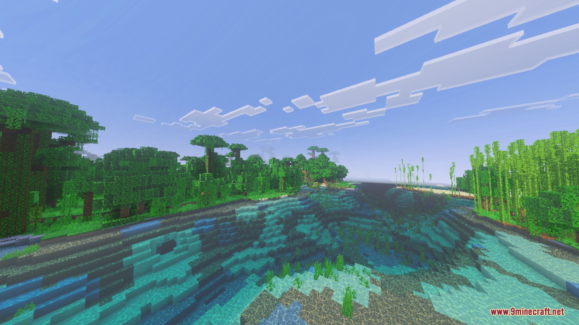 Lush jungle biome with clear river water and realistic clouds under bright sunlight