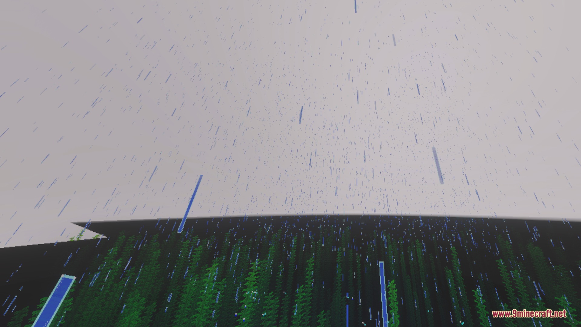 Rain falling from a cloudy sky above tall green seagrass in Minecraft