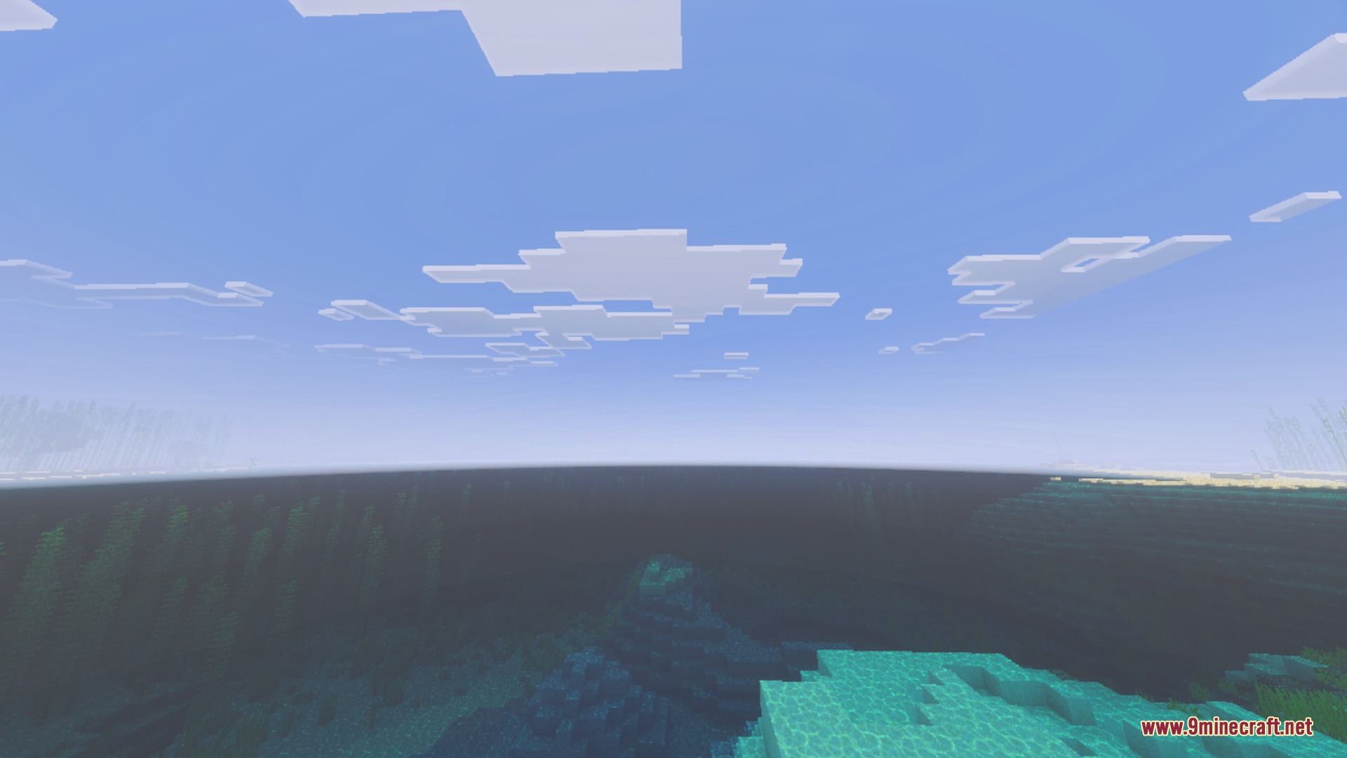 Wide ocean horizon with clear water and realistic clouds under a bright sky
