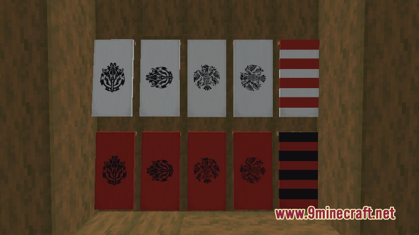 Aoinuh's Banners Mod Screenshot 1 A display of custom banners from Aoinuhs Banners Mod with intricate crests