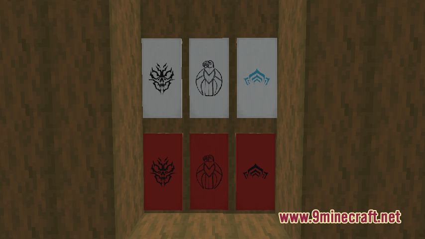 Aoinuh's Banners Mod Screenshot 2 Custom banners featuring unique symbols like skulls and birds on a wooden wall