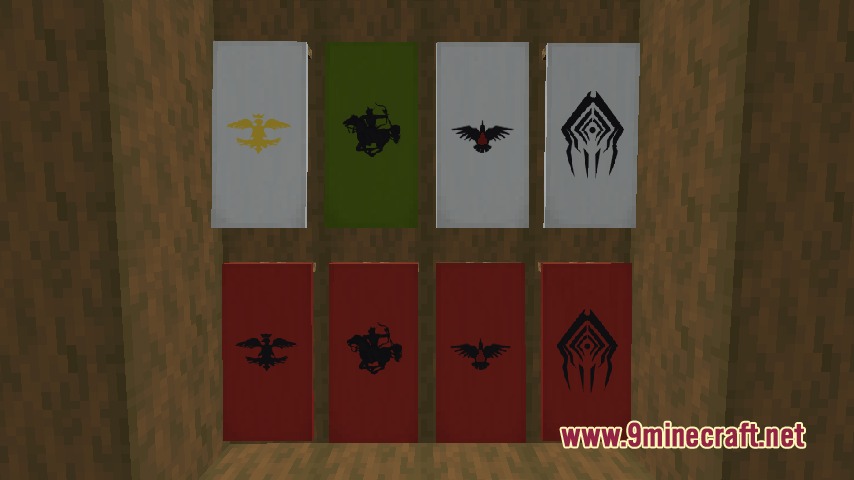Aoinuh's Banners Mod Screenshot 3 Two rows of Minecraft banners displaying various symbols on different colored backgrounds