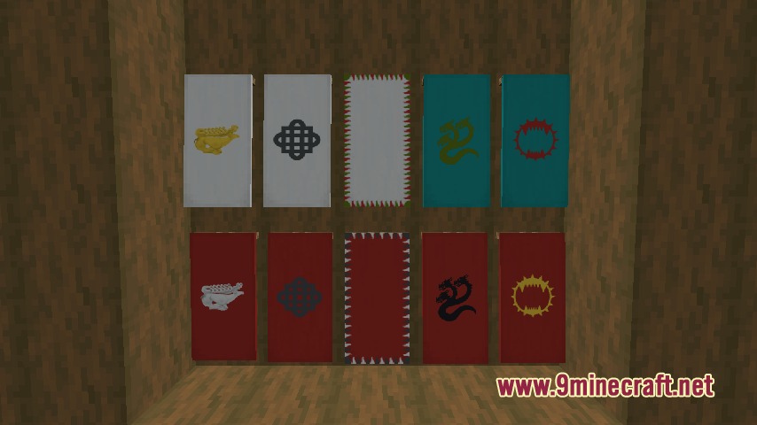 Aoinuh's Banners Mod Screenshot 4 A display of Minecraft banners featuring diverse patterns like dragons and knots