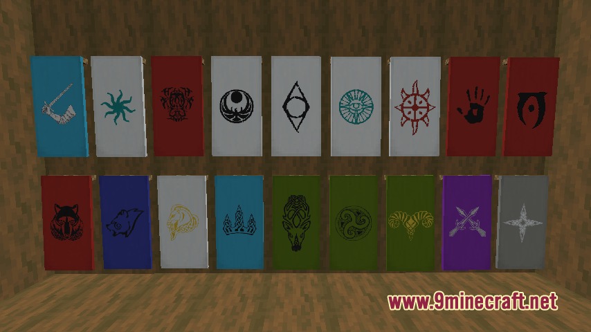 Aoinuh's Banners Mod Screenshot 5 A collection of Minecraft banners featuring diverse fantasy game symbols and faction crests