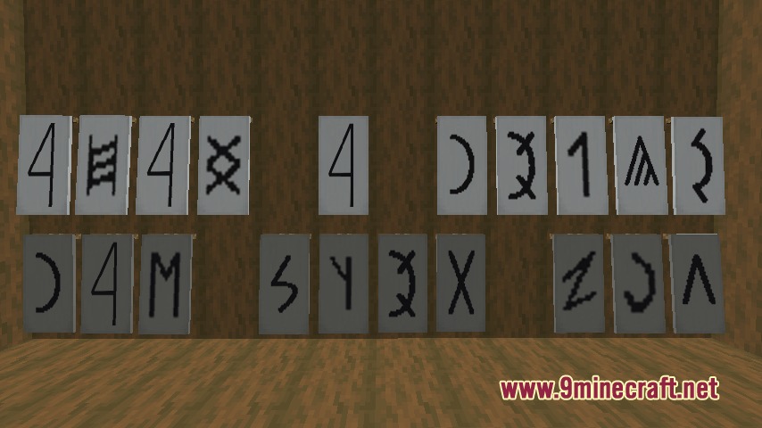 Aoinuh's Banners Mod Screenshot 6 Two rows of white Minecraft banners displaying black runic characters and ancient scripts