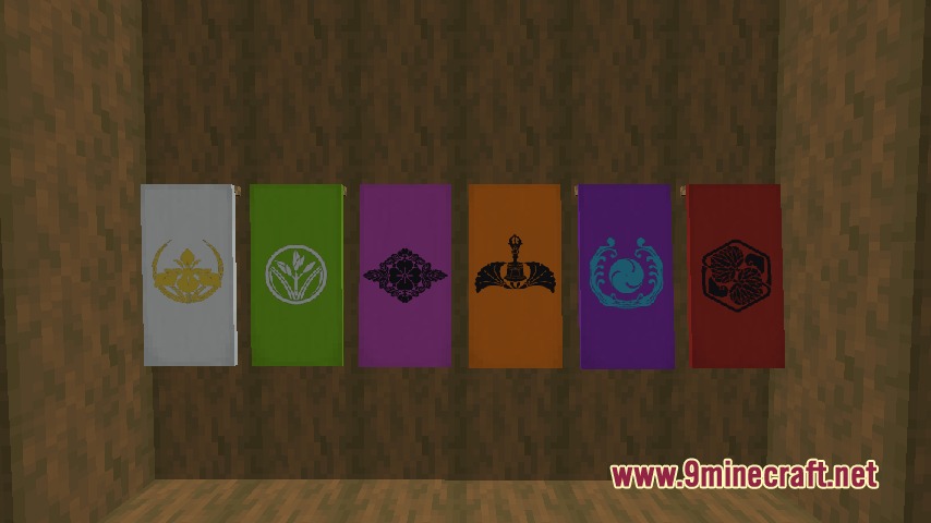 Aoinuh's Banners Mod Screenshot 7 Six colorful Minecraft banners with unique Japanese crest patterns hanging on a wall