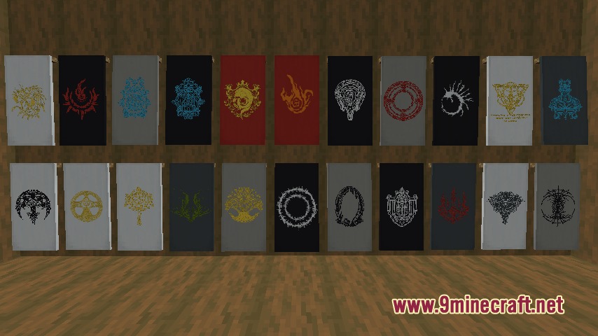 Aoinuh's Banners Mod Screenshot 8 Two rows of Minecraft banners showcasing various intricate fantasy game symbols