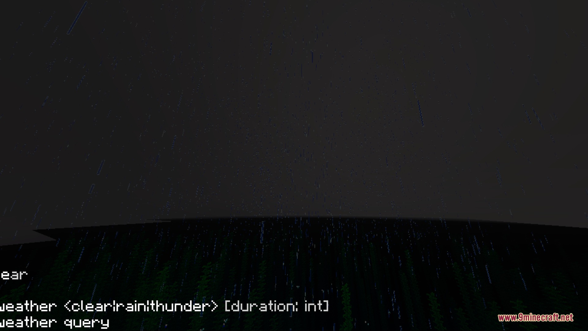 Apex Visuals Shader Screenshot 10 Dark night sky in Minecraft with rain falling and weather command suggestions