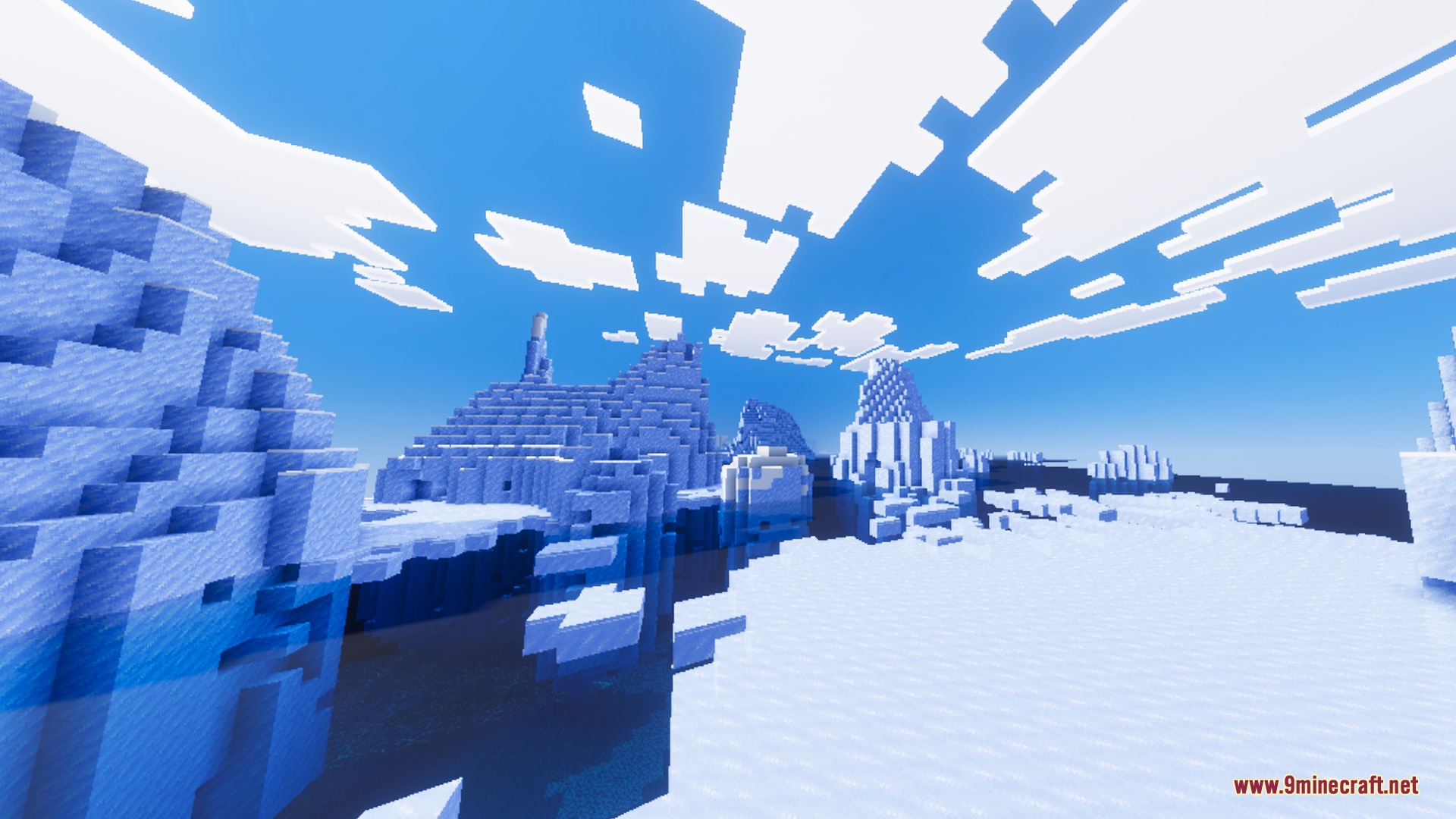 Apex Visuals Shader Screenshot 3 Large blue icebergs floating in a frozen ocean under blocky white clouds