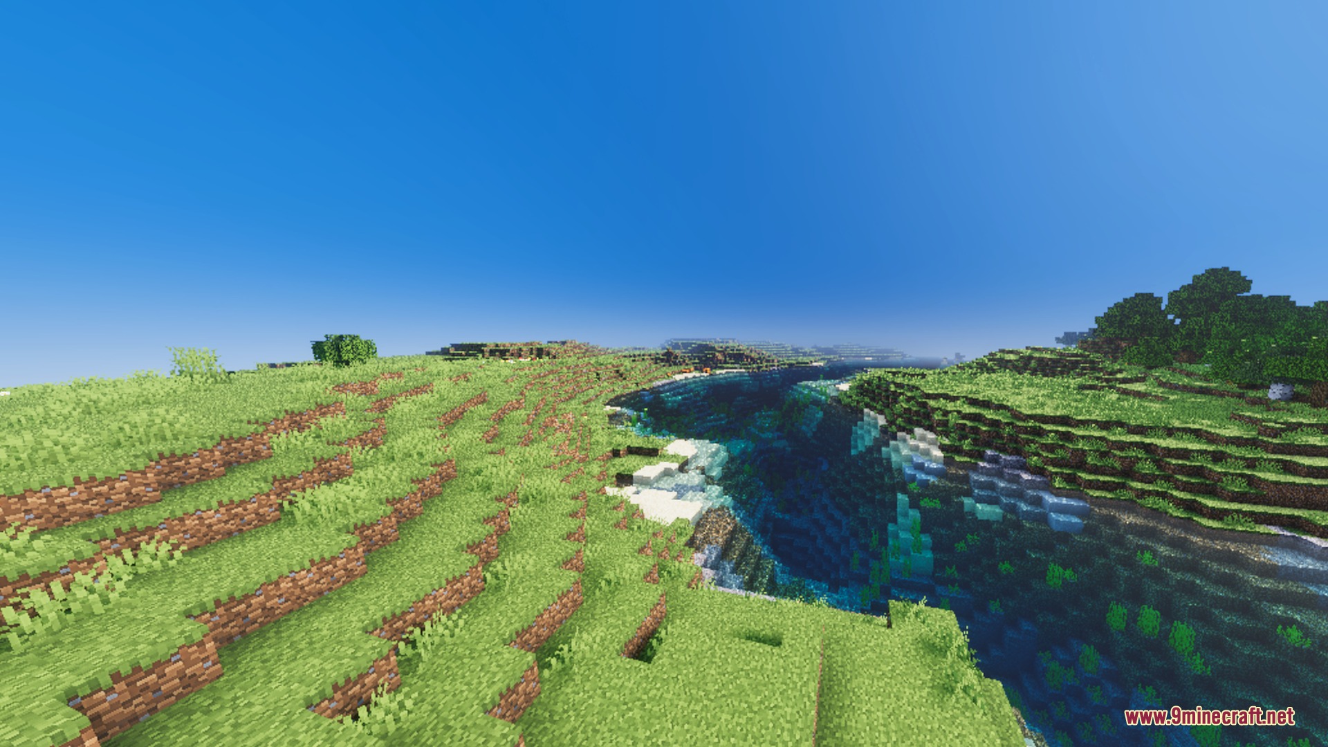 Apex Visuals Shader Screenshot 4 Lush green landscape with a deep river showing clear water and reflections