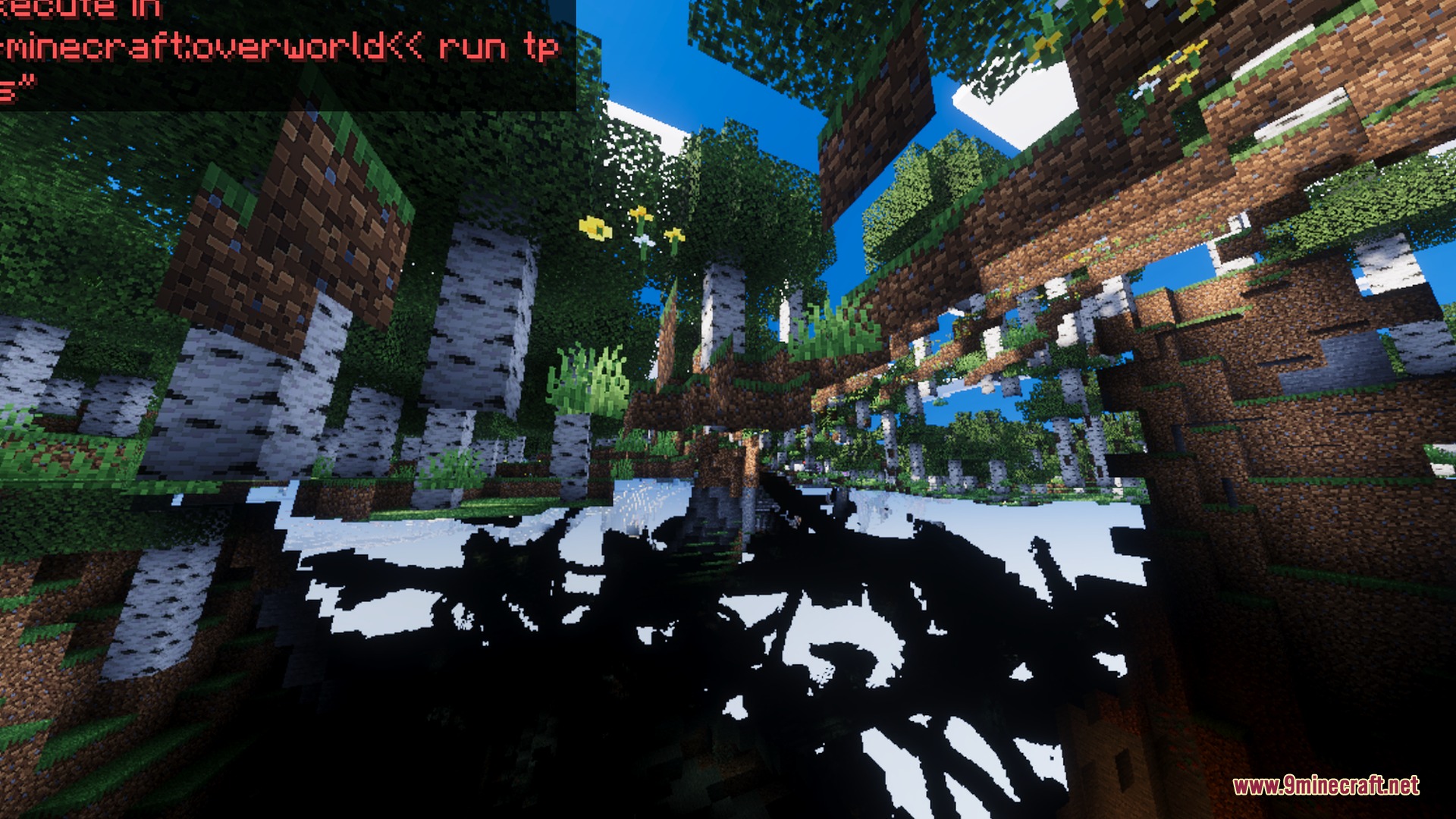 Apex Visuals Shader Screenshot 6 A forest landscape with floating blocks and deep shadows under the green trees
