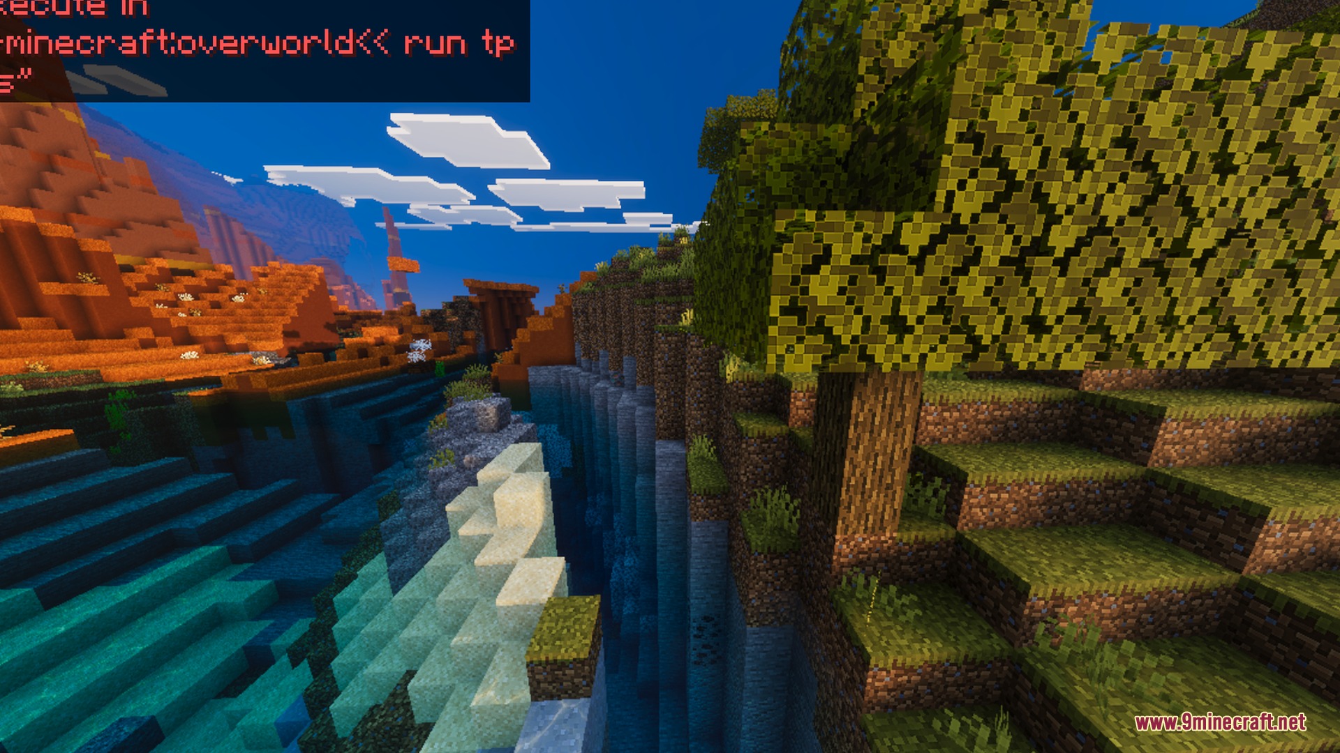 Apex Visuals Shader Screenshot 7 Scenic Minecraft landscape showing clear water and vibrant sky with a command overlay