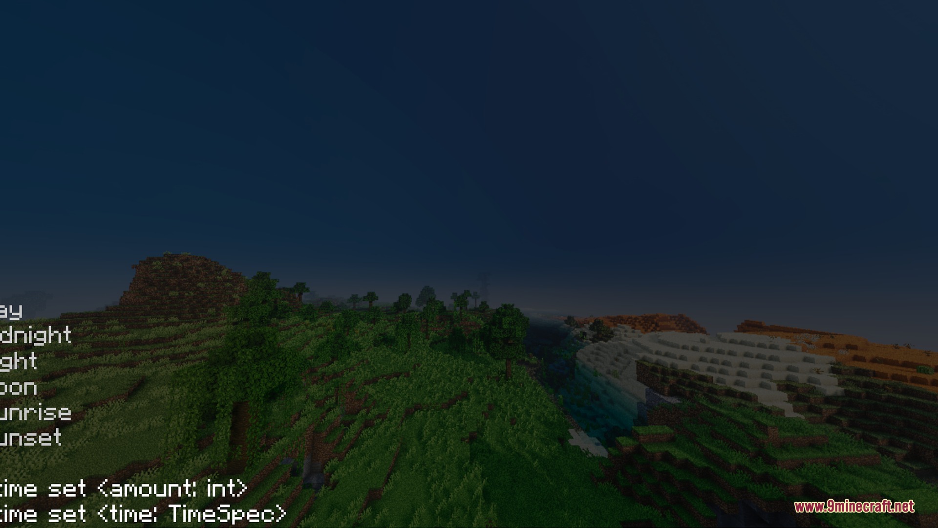 Apex Visuals Shader Screenshot 8 Atmospheric night view of a Minecraft world with a time setting command menu