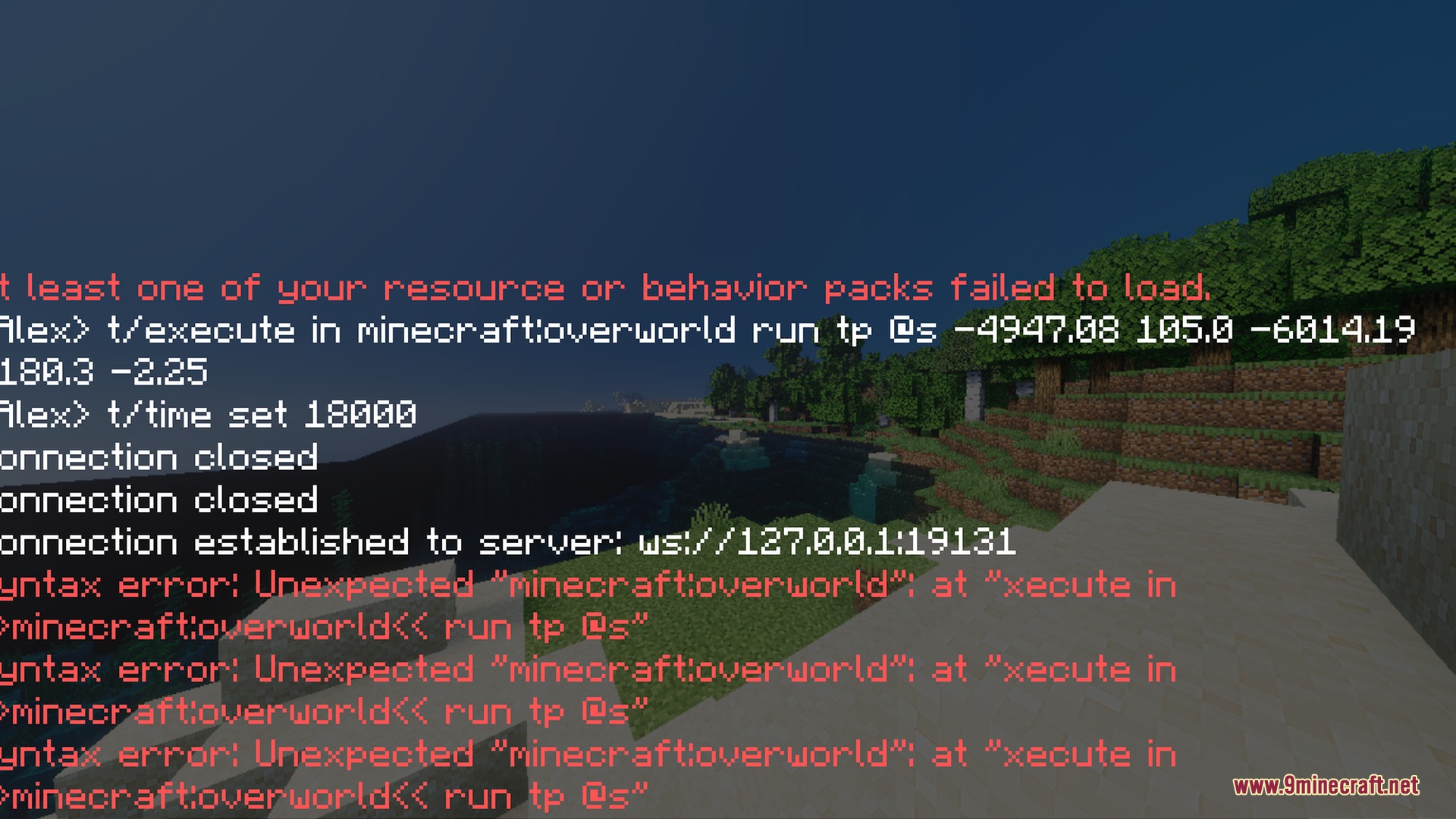 Apex Visuals Shader Screenshot 9 Minecraft chat window showing command syntax errors over a scenic landscape