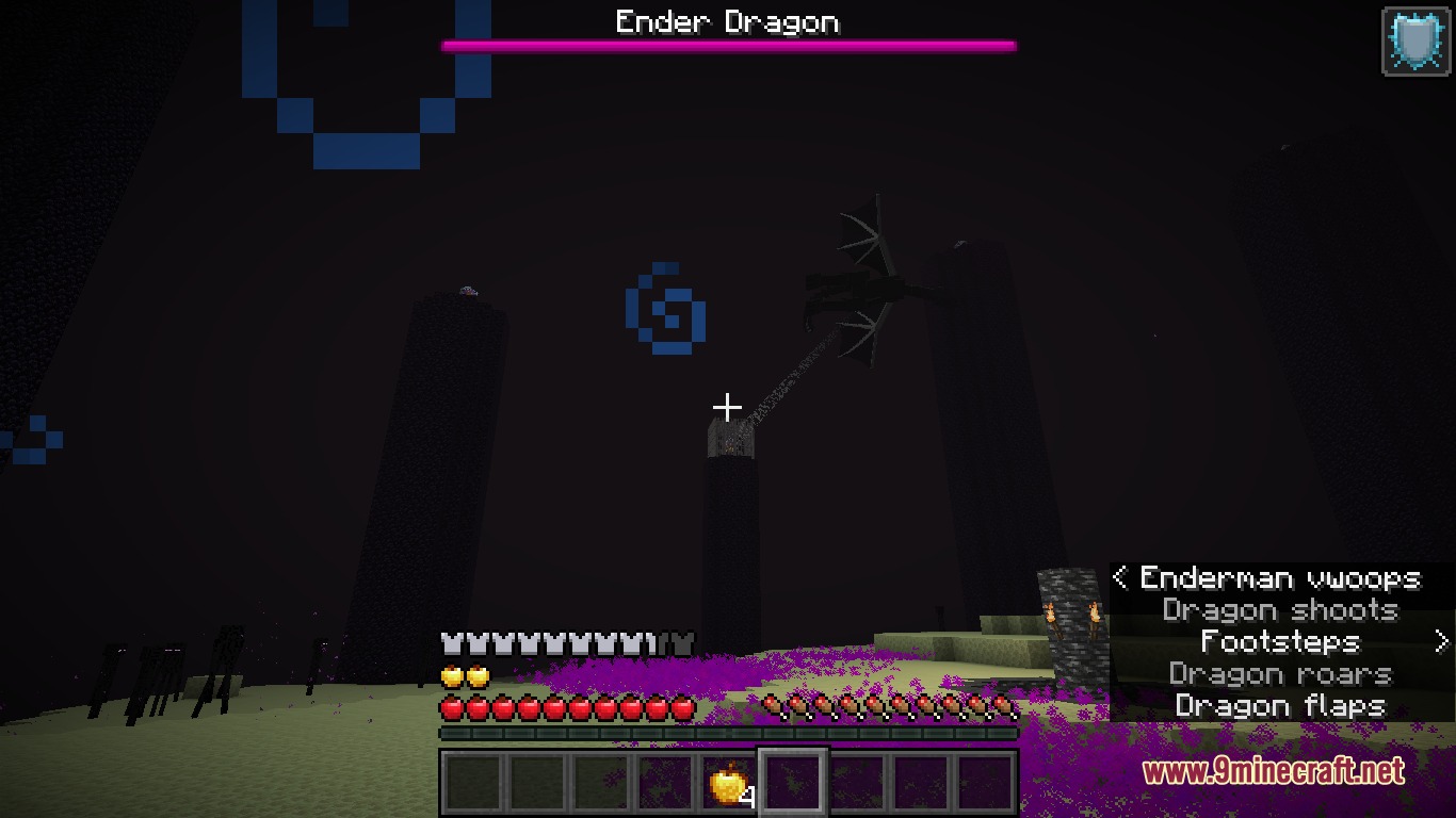 Player battles the Ender Dragon with custom golden apple absorption health icons
