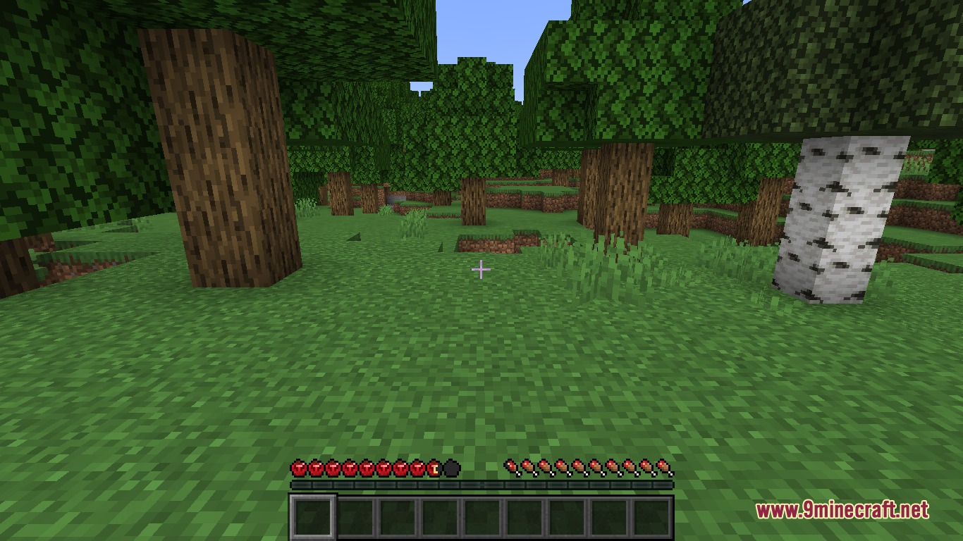 A forest scene showing red apple icons on the player health bar