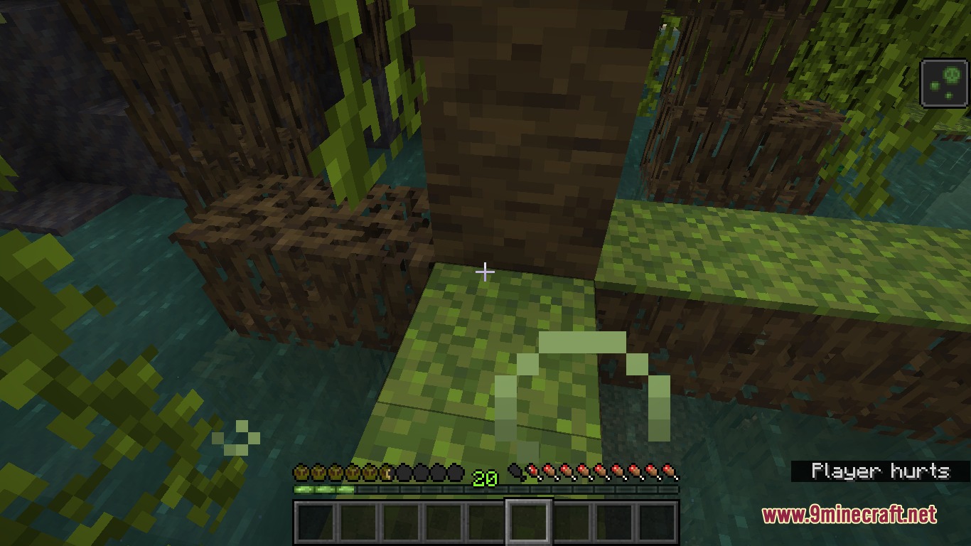 Poisoned player in a mangrove swamp with custom green apple health icons