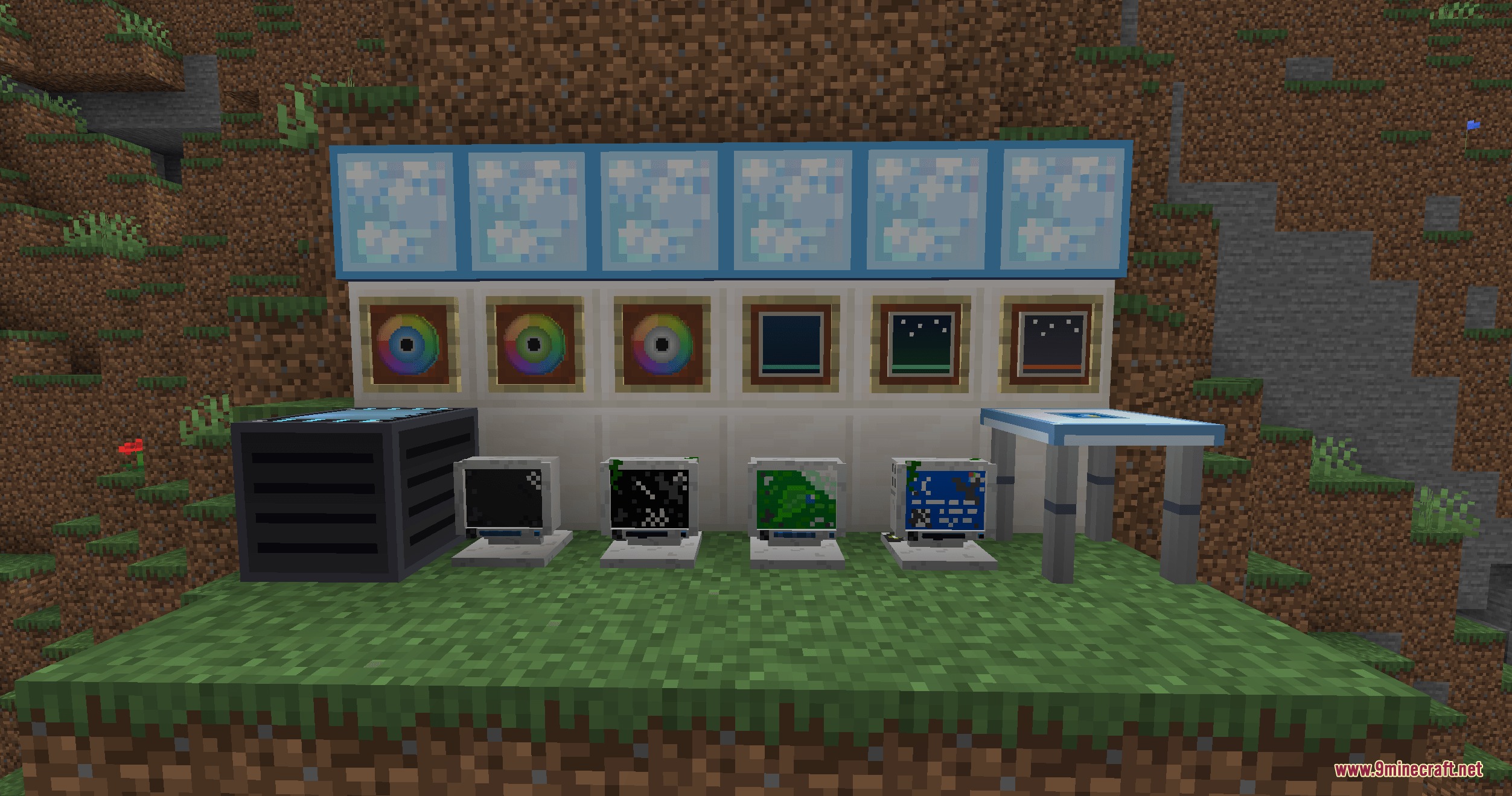 A collection of retro futuristic computers and technology blocks in a Minecraft world