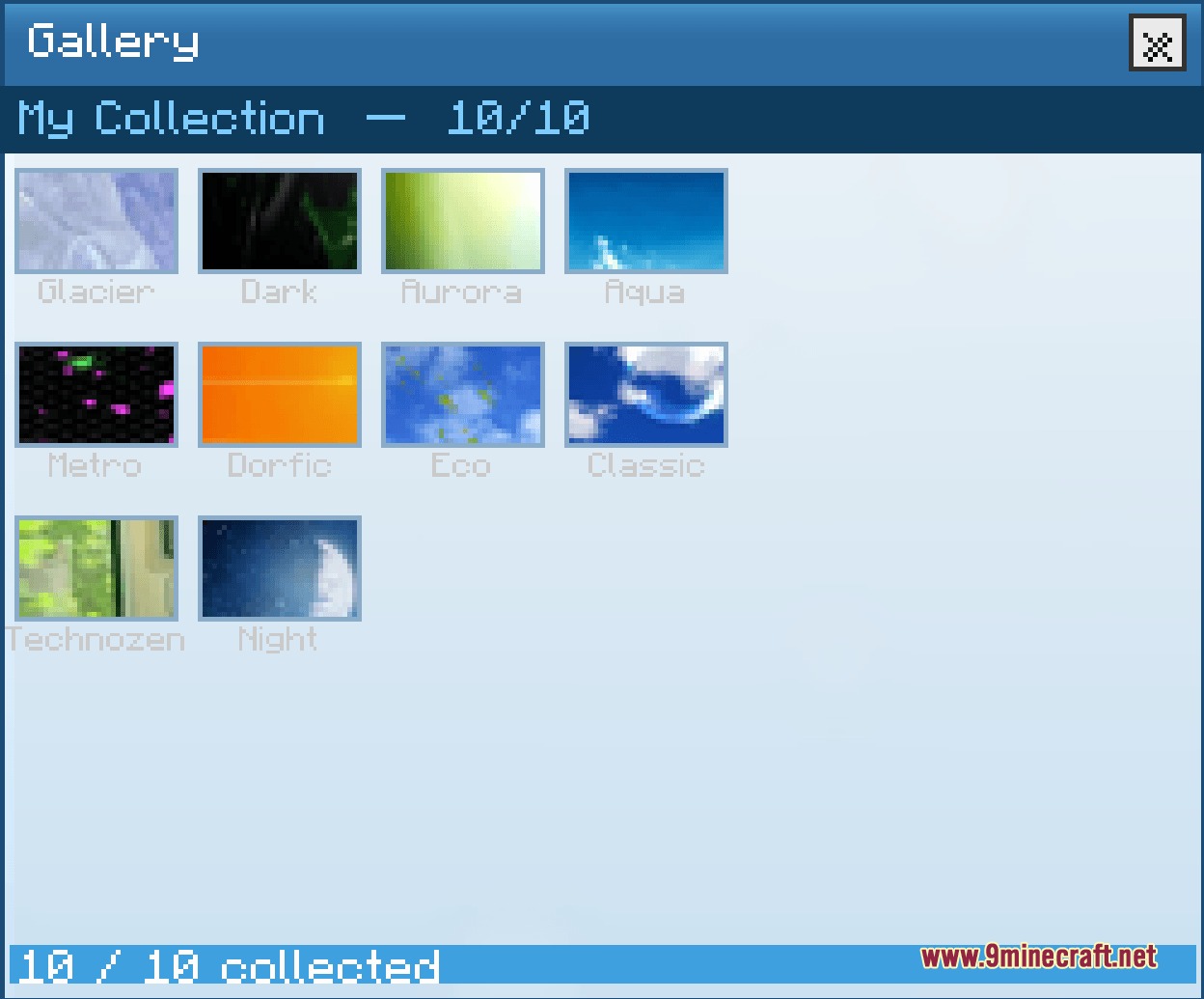 The gallery interface showing ten collectible postcards in the Aqua Vista Desktop Mod