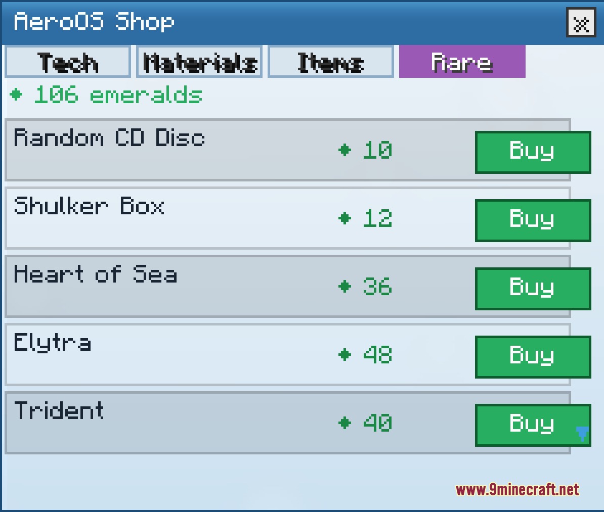 The AeroOS shop interface allows players to buy rare items using emeralds