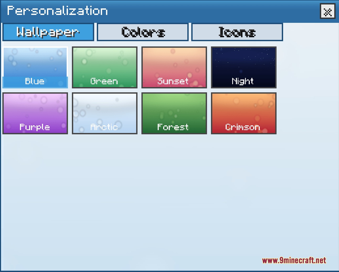 Personalization menu showing various wallpaper options for the virtual computer desktop screen