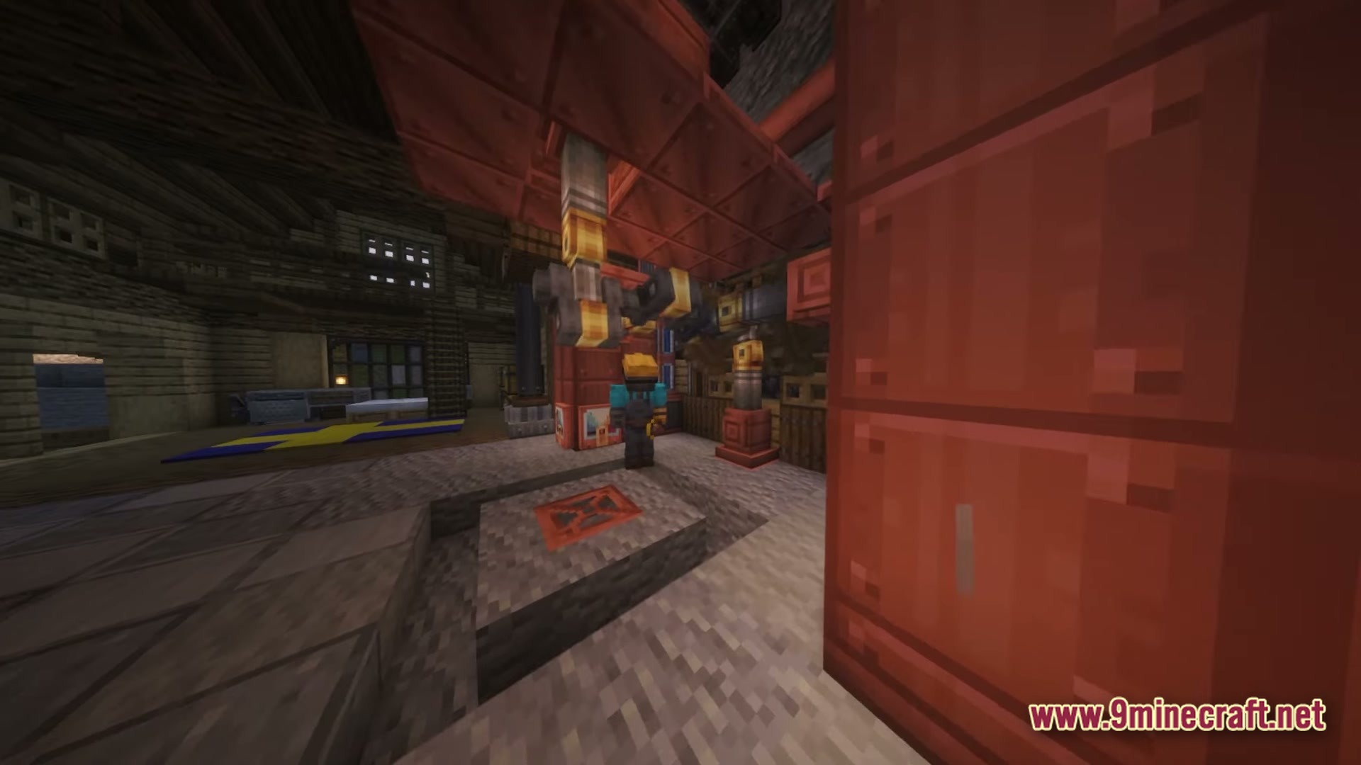 Arcadia Echoes Of Power Modpack Screenshot 1 A player character stands near industrial copper machinery and mechanical arms inside a wooden workshop