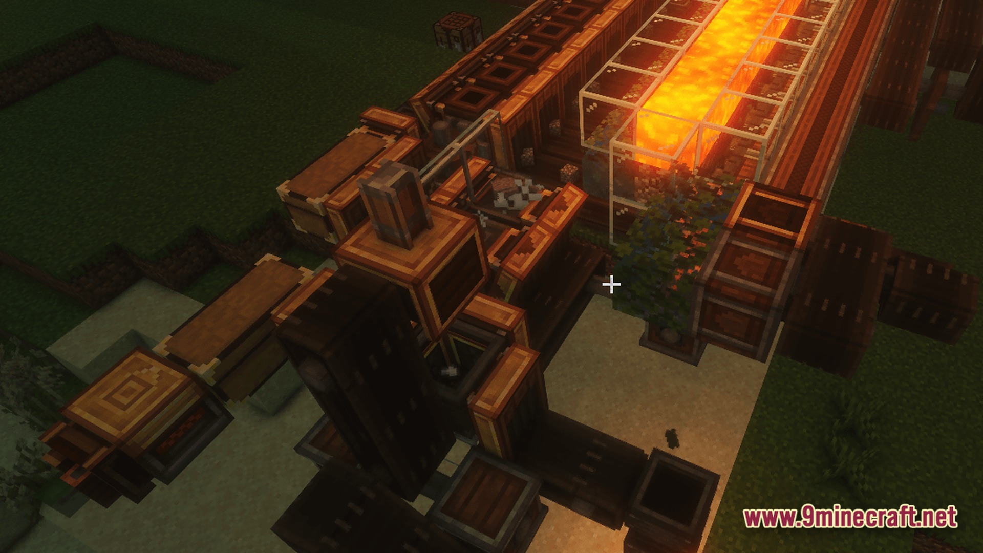 Arcadia Echoes Of Power Modpack Screenshot 10 A complex industrial machine assembly featuring lava channels, mechanical components, and storage chests in a grassy biome