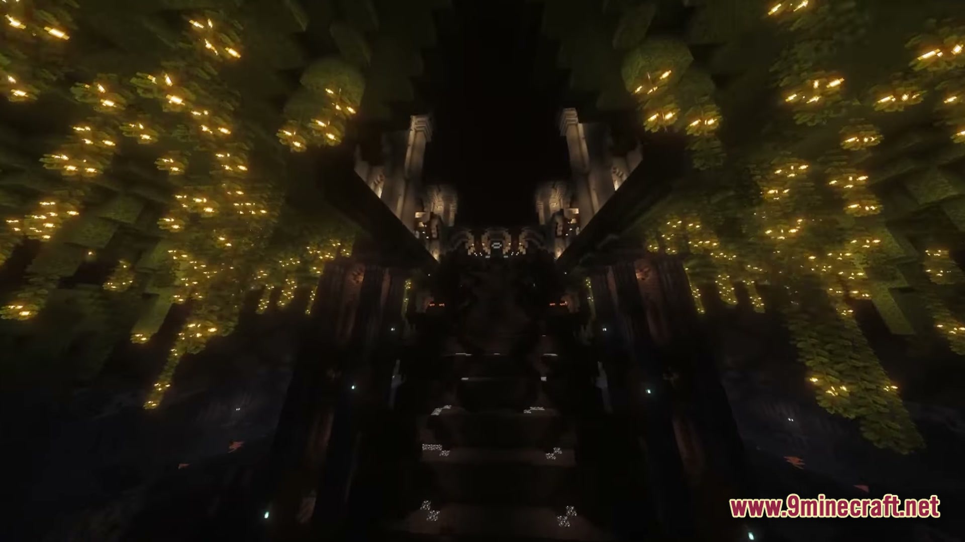 Arcadia Echoes Of Power Modpack Screenshot 2 A dark stone structure stands between glowing yellow flora in a cavernous underground environment