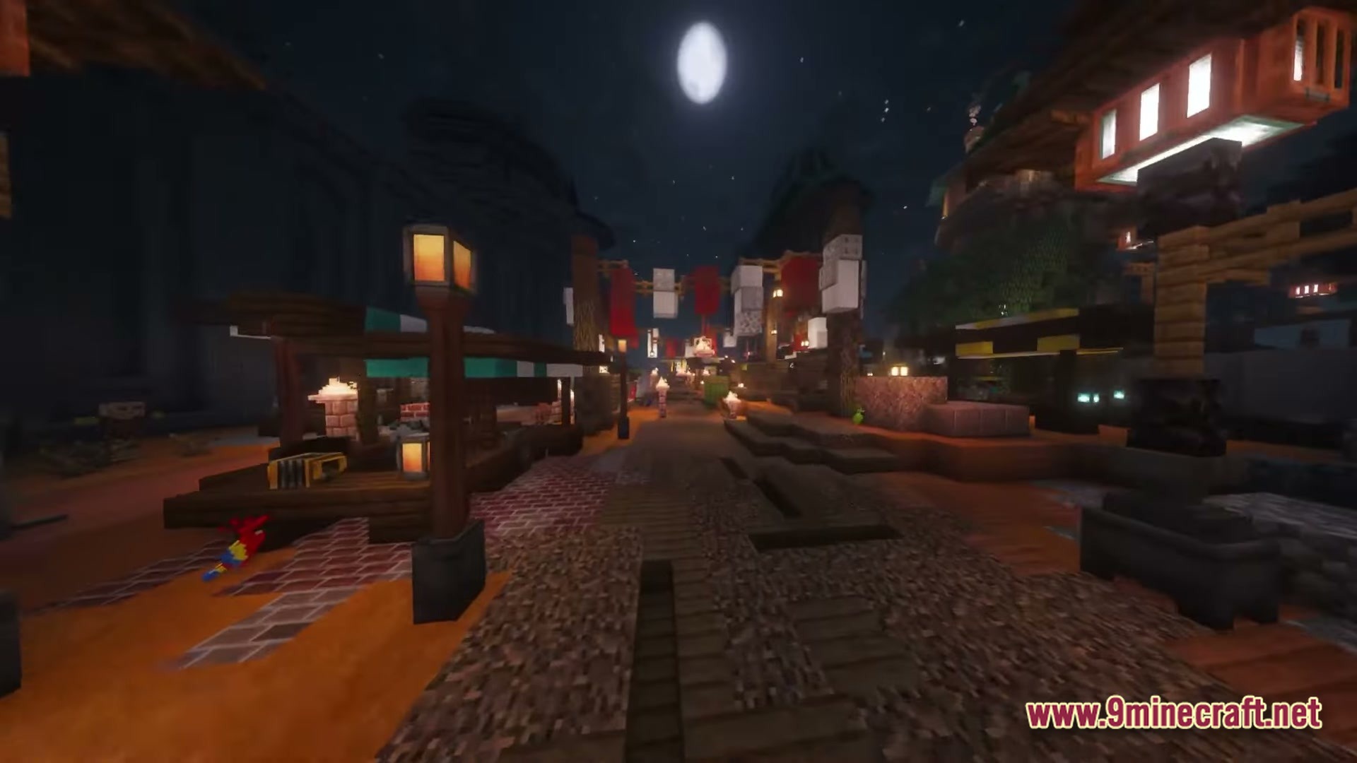 Arcadia Echoes Of Power Modpack Screenshot 3 A night view of a bustling village market with lanterns, banners, and stalls under a full moon