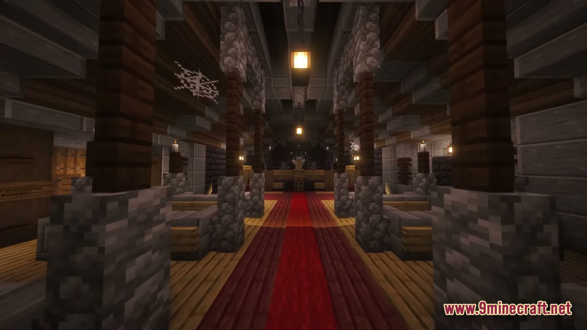 Arcadia Echoes Of Power Modpack Screenshot 4 A dimly lit interior hall featuring stone pillars, wooden beams, and a central red carpet