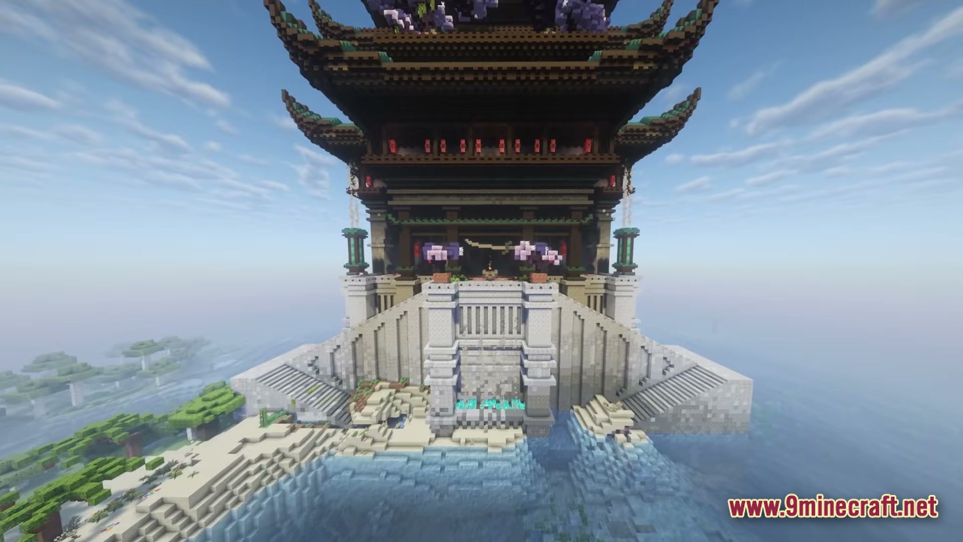Arcadia Echoes Of Power Modpack Screenshot 5 A large Japanese-style pagoda structure built on a stone foundation overlooking a coastal ocean biome