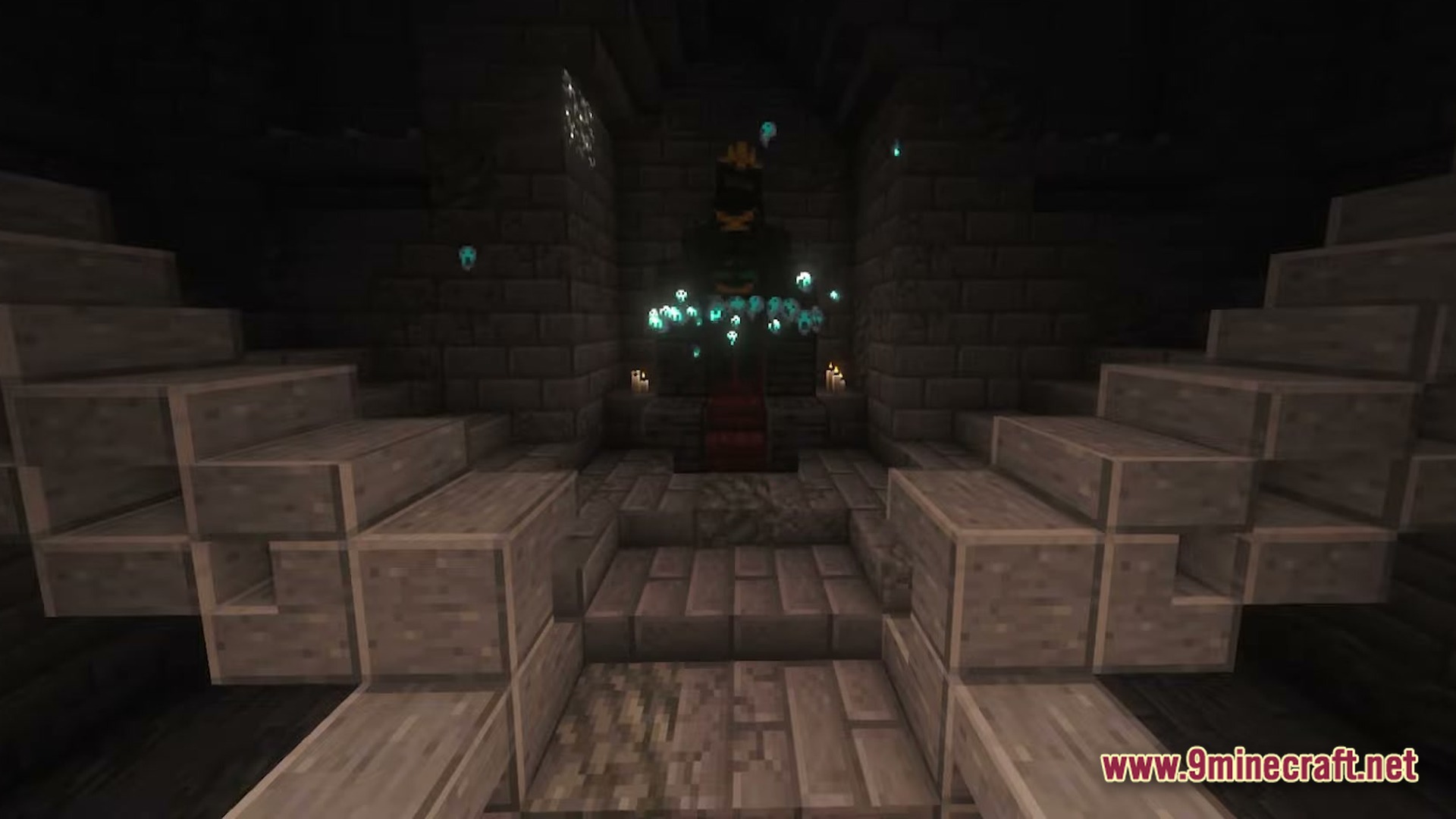 Arcadia Echoes Of Power Modpack Screenshot 6 A dark stone dungeon chamber featuring a central throne surrounded by glowing soul particles and candles