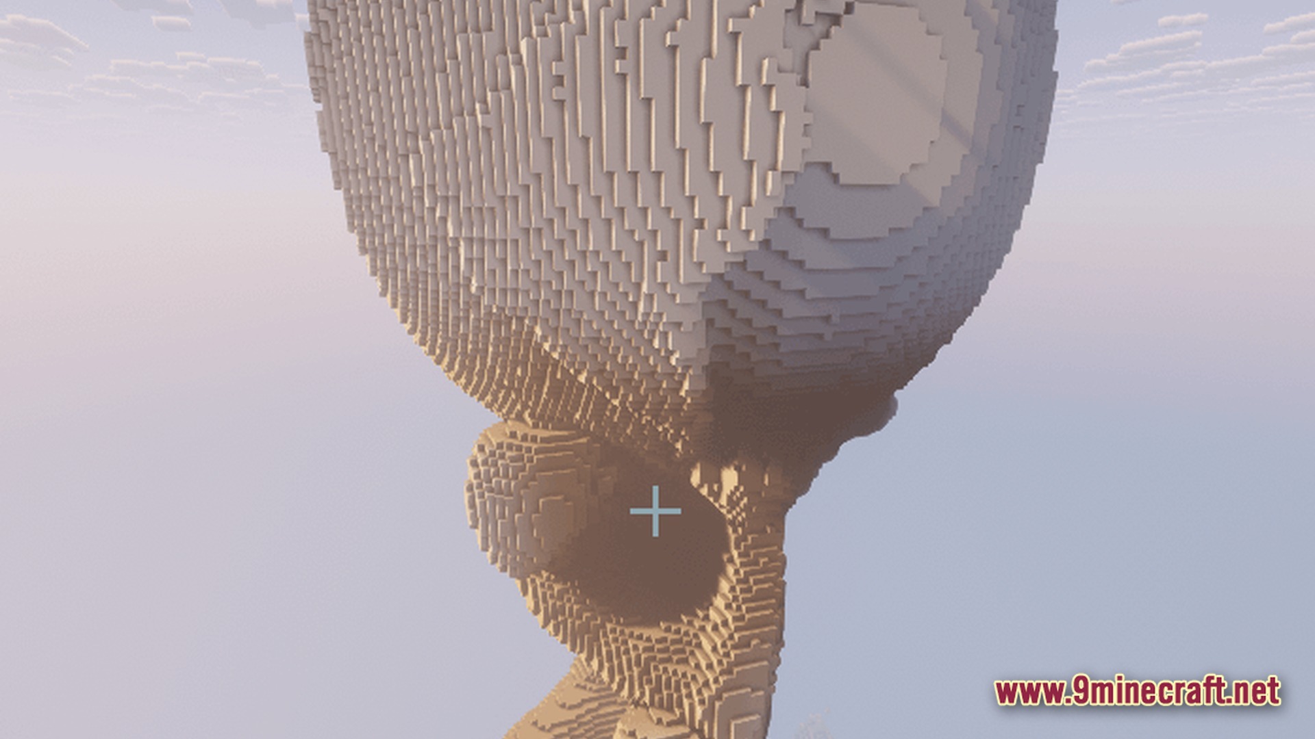 Arcadia Echoes Of Power Modpack Screenshot 7 A massive voxel-based skull structure floats in the sky against a pale, hazy horizon