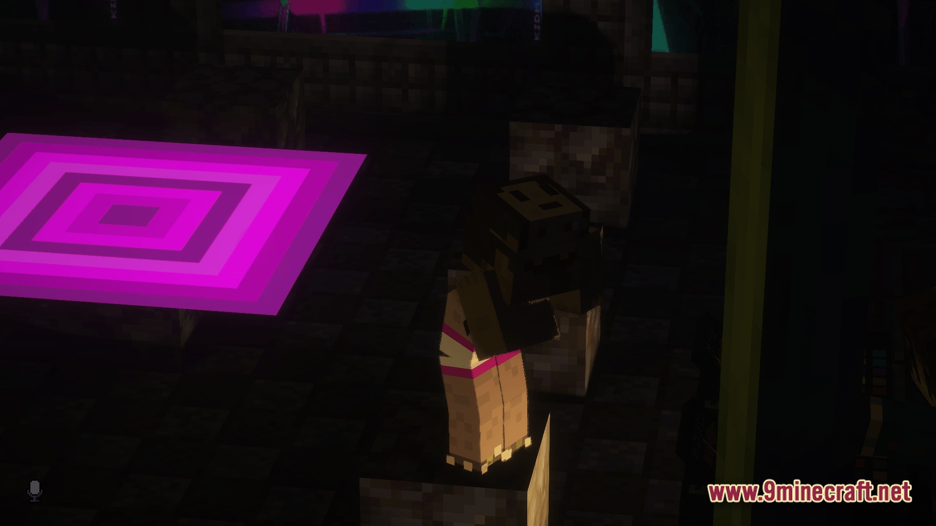 Arcadia Echoes Of Power Modpack Screenshot 8 A character stands in a dark room featuring glowing pink floor tiles and stone brick structures